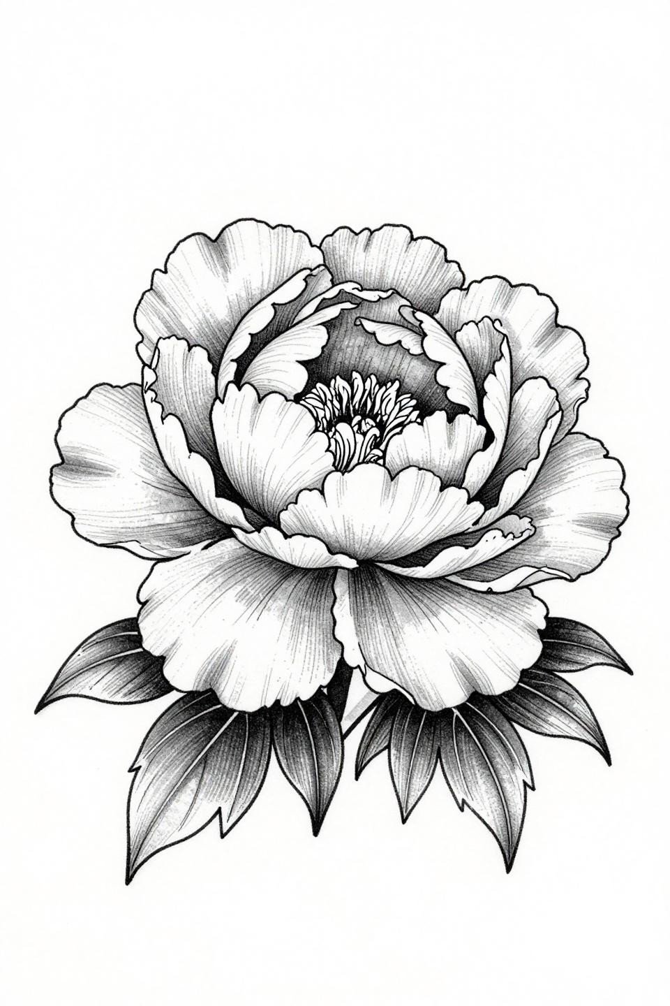 elegant flower tattoo peony botanical scientific flash, controlled line weight variation, fine petal vein mapping, grey wash midtones, no stipple or dotwork, dense black ink on white