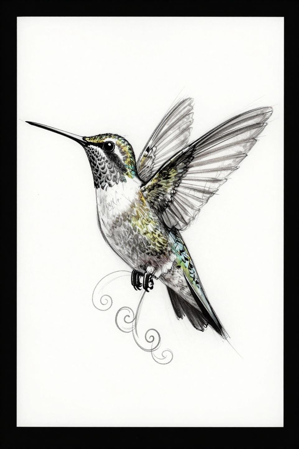 elegant hidden tattoo hummingbird sketch raw style flash, gestural cross-contour strokes, bold gestural outlines, grey wash midtones, dense black ink on white paper