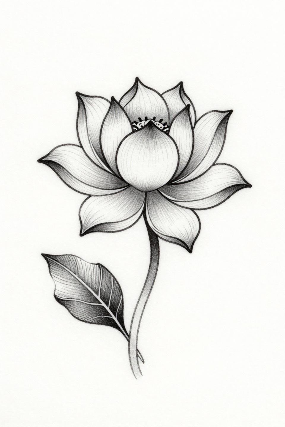 elegant meaningful tattoo lotus fine line minimal flash, hairline 0.5mm single-needle, asymmetric petal unfurl, weight variation at petal edges, grey wash midtones, dense black ink