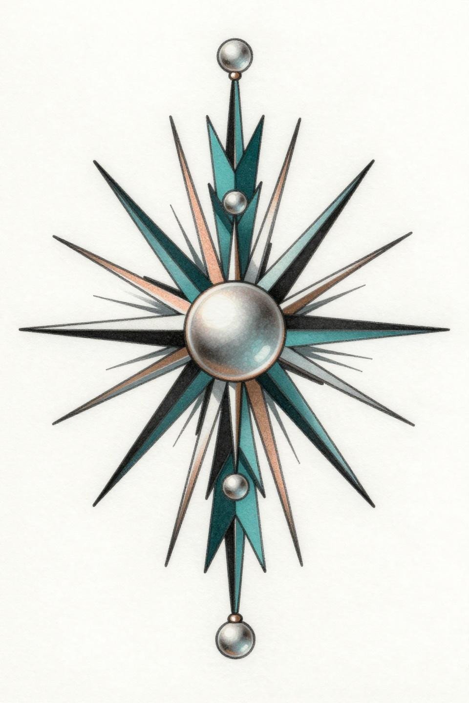 elegant finger tattoo art deco geometric flash, interlocking chevron bands, pearl-drop terminals, sunburst motif, teal and copper metallic accents, compass-drafted flat fills