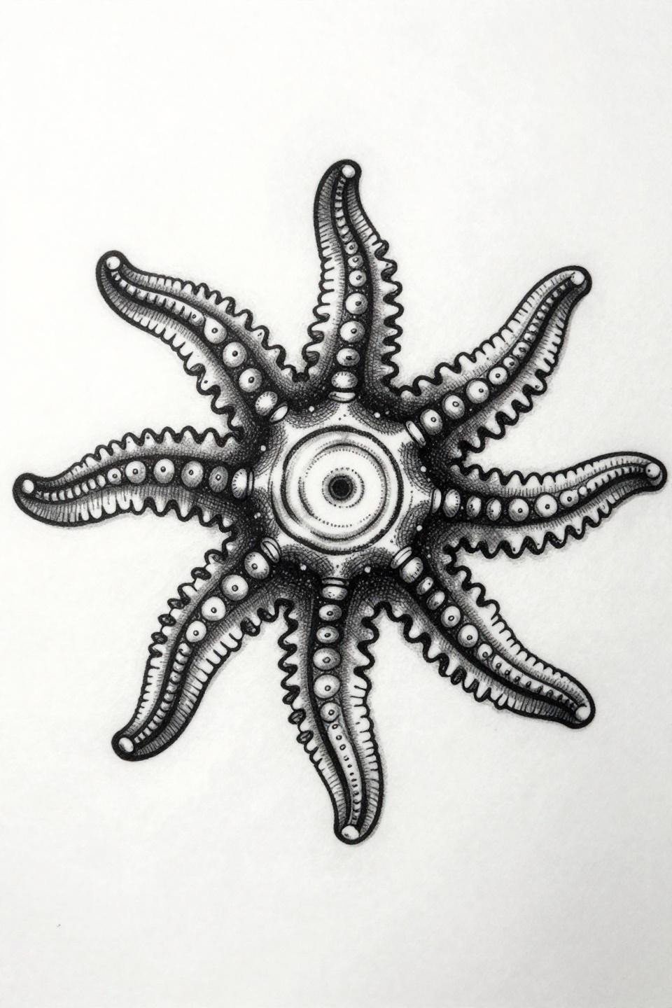 elegant hidden tattoo brittle star mandala etching woodcut flash, parallel line engraving, crosshatch hatching shadows, fine 0.5pt ruled strokes, grey wash midtones, dense black ink