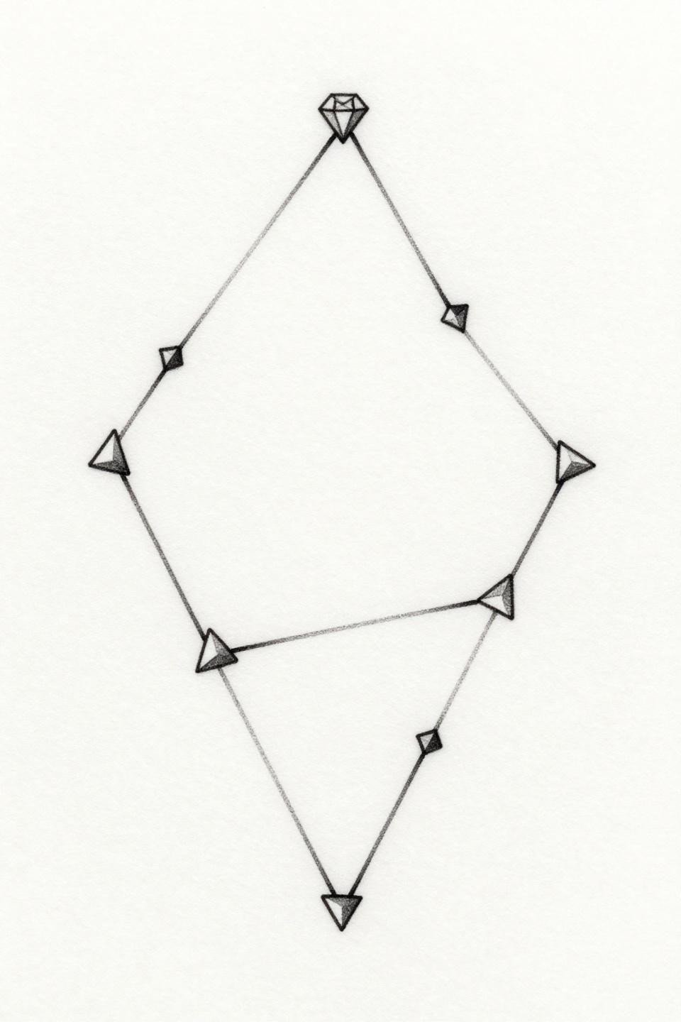 elegant tiny tattoo constellation fine line flash, hairline 0.5mm single-needle geometry, interlocking triangles, floating diamond apex, zero fill, dense black ink on white