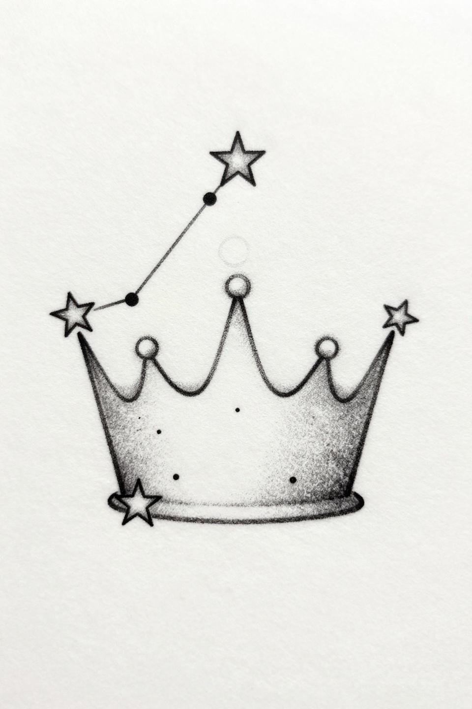 elegant ethereal tattoo constellation crown fine line flash, hairline 0.5mm single-needle, crescent moon cradling star, micro-dots cosmic field, zero fill or wash, dense black ink
