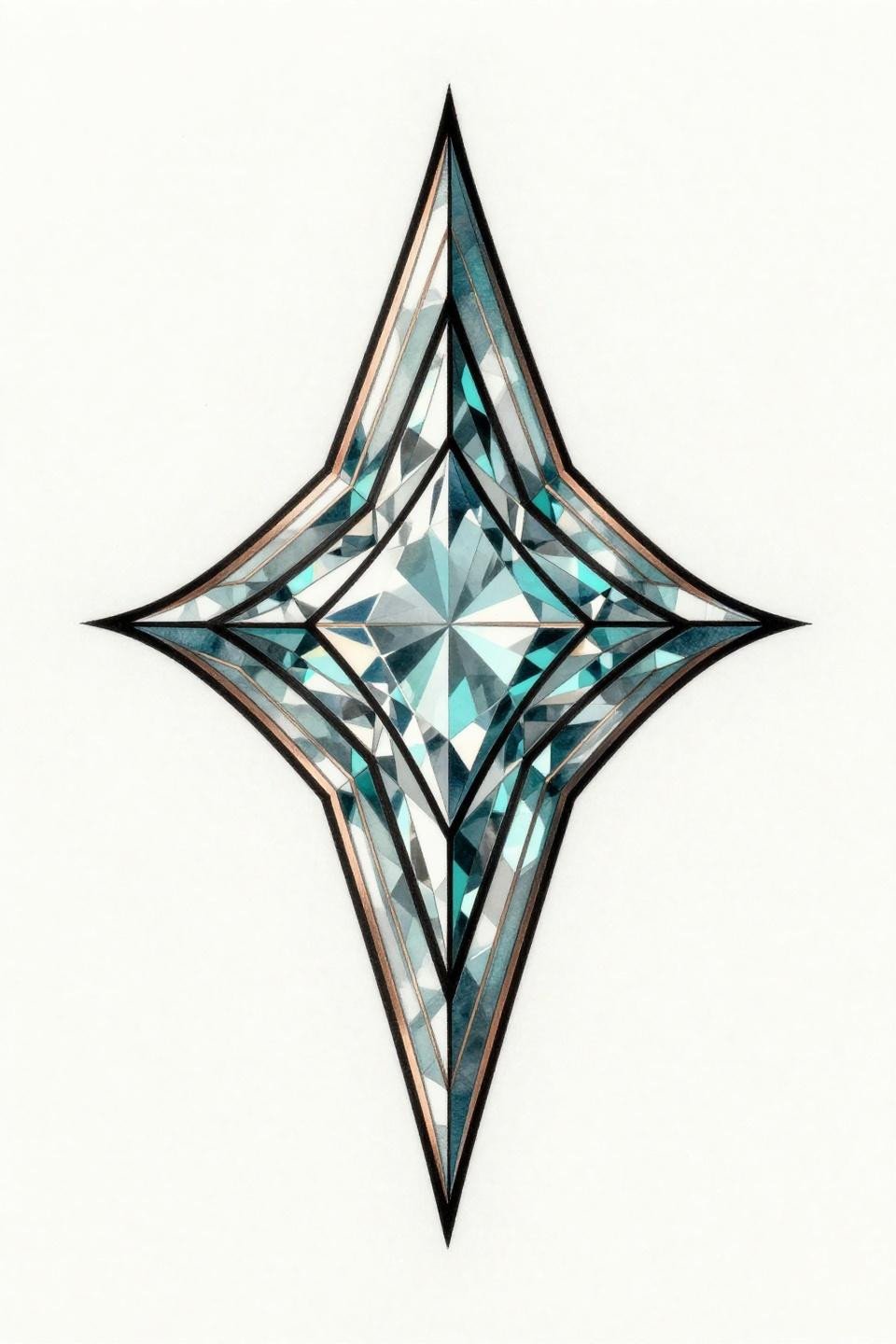 elegant girly tattoo diamond art deco flash, compass-drafted angular facets, internal light-refraction lines, deep teal and copper metallic accents, vector-precision linework
