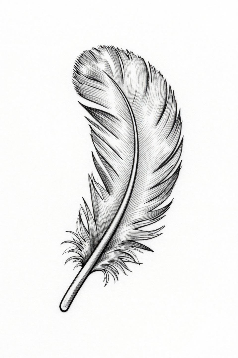 elegant tiny tattoo feather single continuous line flash, hairline 0.5mm single-needle linework, asymmetric rachis barb detail, no fill, dense black ink on white paper