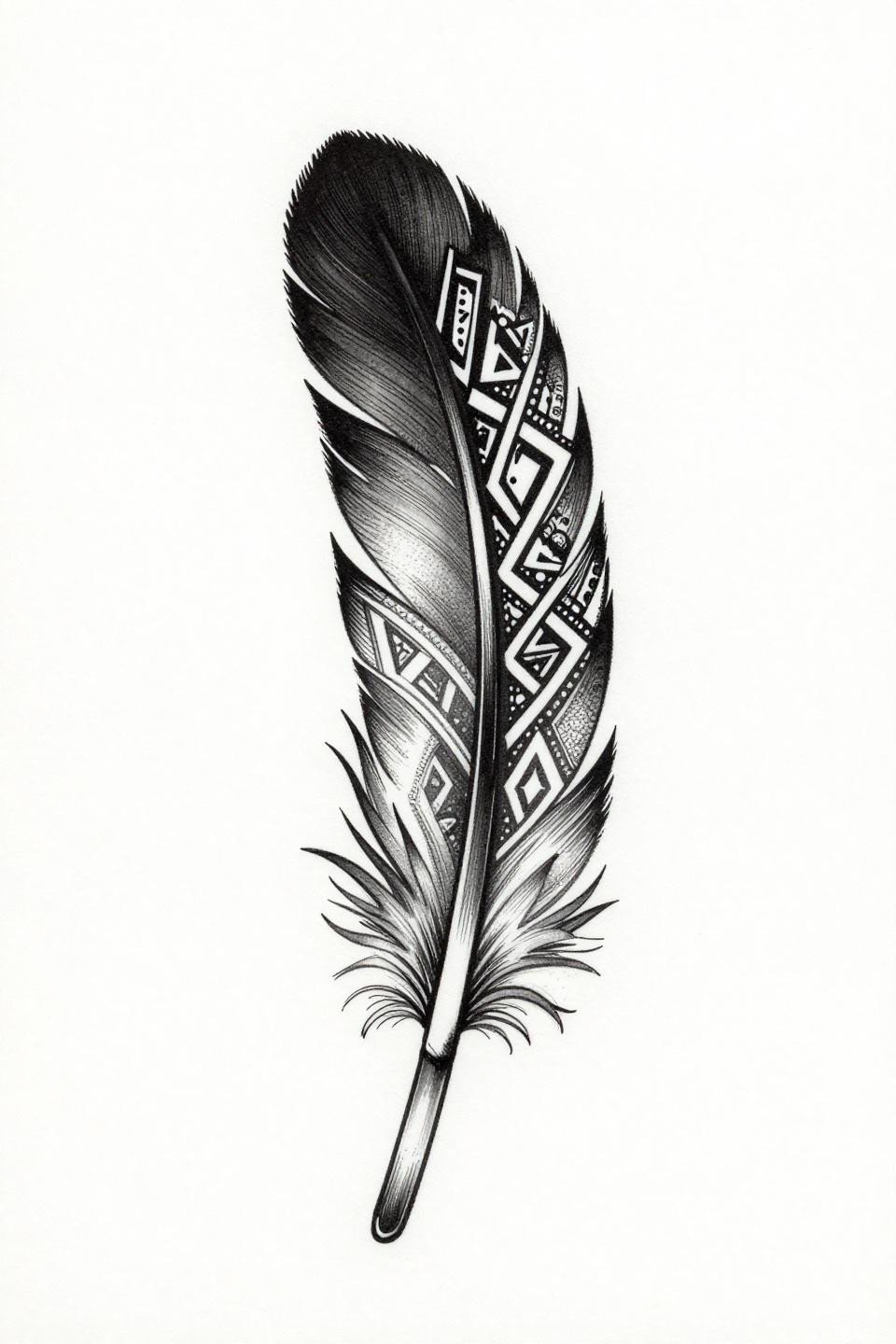elegant meaningful tattoo feather tribal geometric flash, stipple dot gradient dense at core open at tip, grey wash midtones, dense black ink on white paper