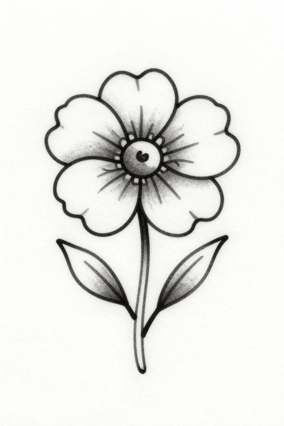 elegant tiny tattoo forget-me-not single continuous line flash, hairline 0.5mm single-needle unbroken stroke, five-petal radial form, no fill no breaks, dense black ink on white paper