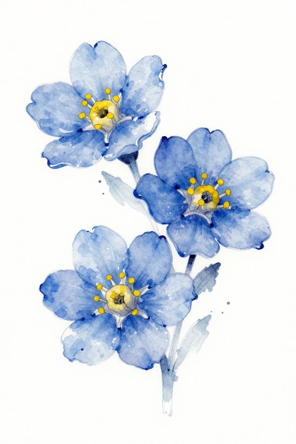 elegant hand tattoo women forget-me-not watercolor flash, loose wet brush periwinkle wash bleeding at petal edges, navy fine line ink, yellow stamen centers, asymmetric cluster composition