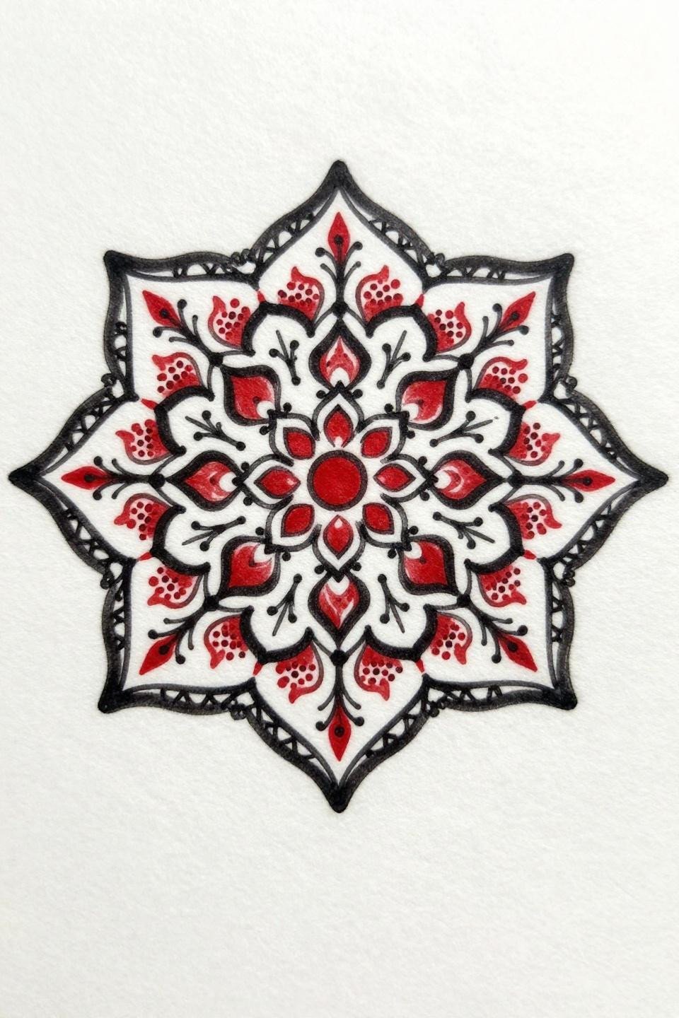 elegant henna design tattoo art nouveau mandala flash, six-fold radial symmetry, calligraphic brush marks, crimson accent on solid black, lacework geometric borders with organic curves