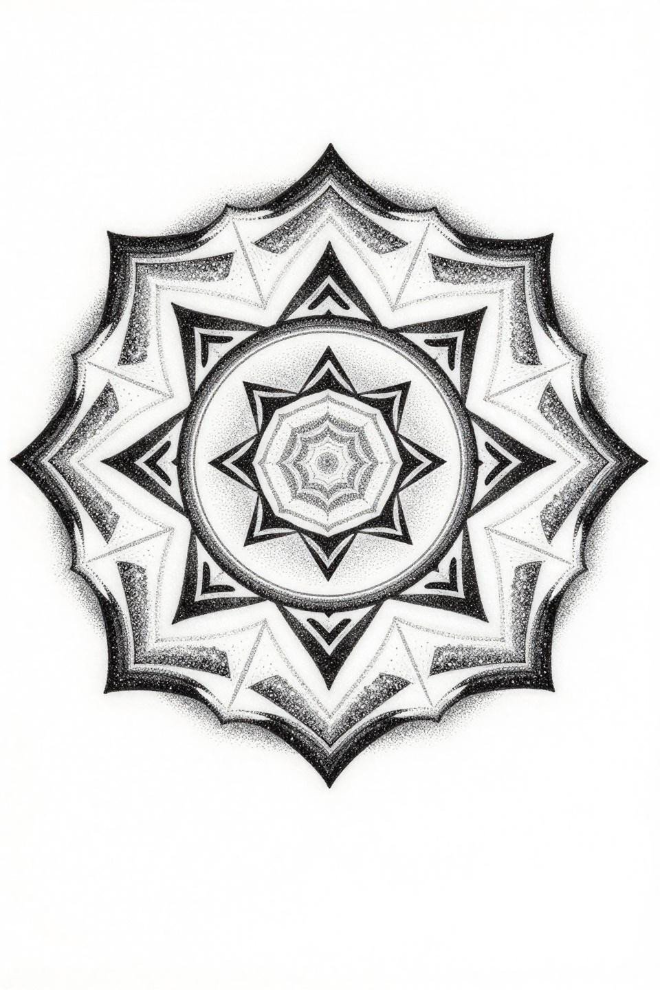 elegant finger tattoo blackwork dotwork mandala flash, stipple dot gradient dense at center open at edges, concentric circles, radiating triangle points, central hexagon hub, grey wash midtones