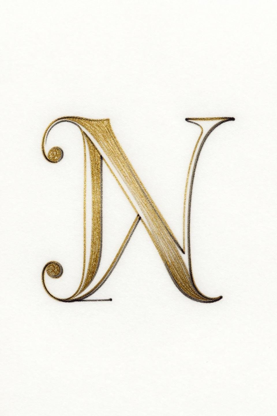 elegant girly tattoo monogram fine line minimal flash, intertwined serif capitals, hairline 0.5mm single-needle, 18k gold ink line on black outline, open negative space