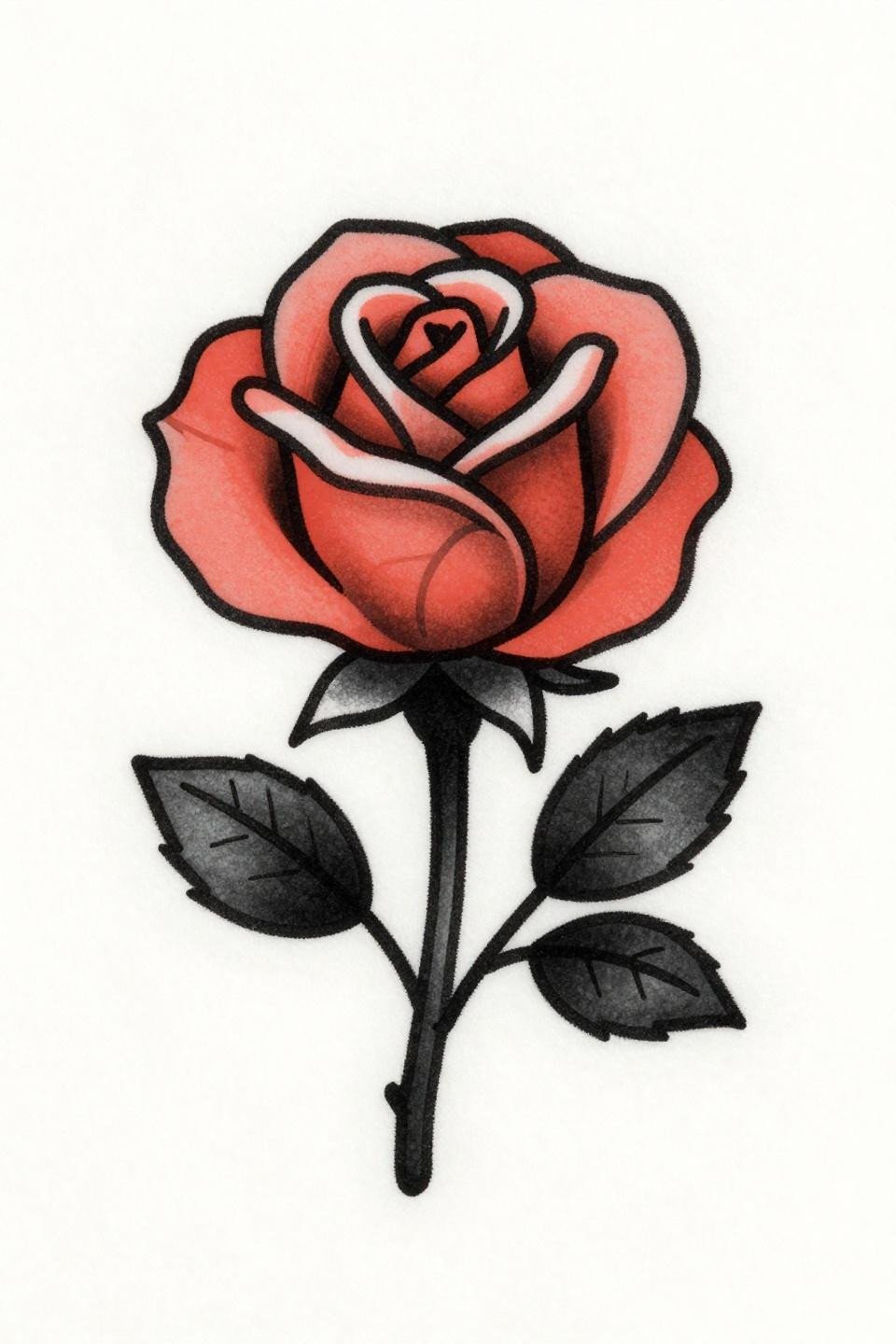 elegant tattoo flash rose bud ignorant style, bold 3pt black outline, flat coral fill, deliberately imperfect strokes, coral and charcoal ink on white paper