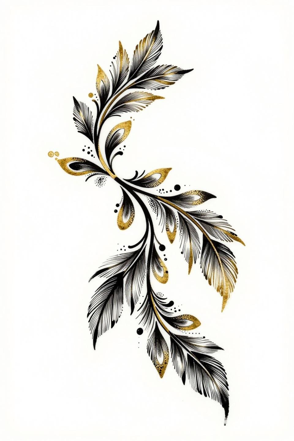 elegant henna design tattoo Sak Yant style flash, calligraphic brush ink marks, teardrop motifs, feathered leaf clusters, burnished gold and solid black ink palette