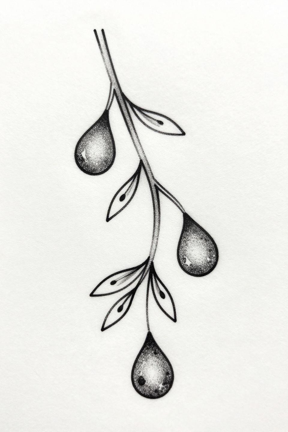 minimal finger mehendi design, blackwork dotwork flash, asymmetric teardrop vine chain, stipple dot clusters dense at centers, open connective tendrils, white paper