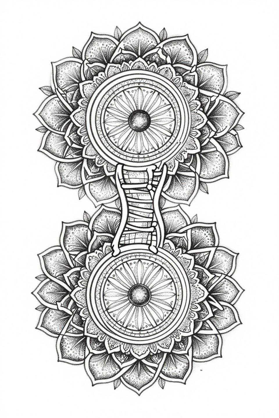 latest simple mehndi design, fine line stipple dotwork, dual interlocking circular mandalas, radiating petal arrays, geometric lattice infill, grey wash gradient edges