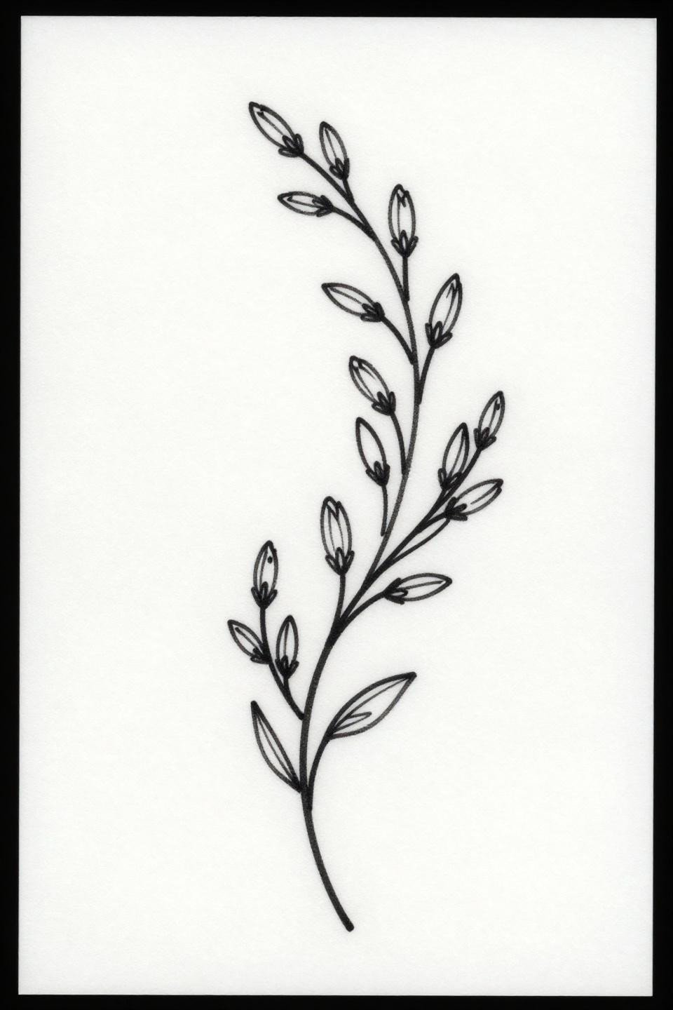 latest simple mehndi design, fine line minimal style blackwork flash, curved vine tendril loops, closed flower buds, minimal leaf accents, hairline 0.5mm strokes, bold 1pt outline motif definition