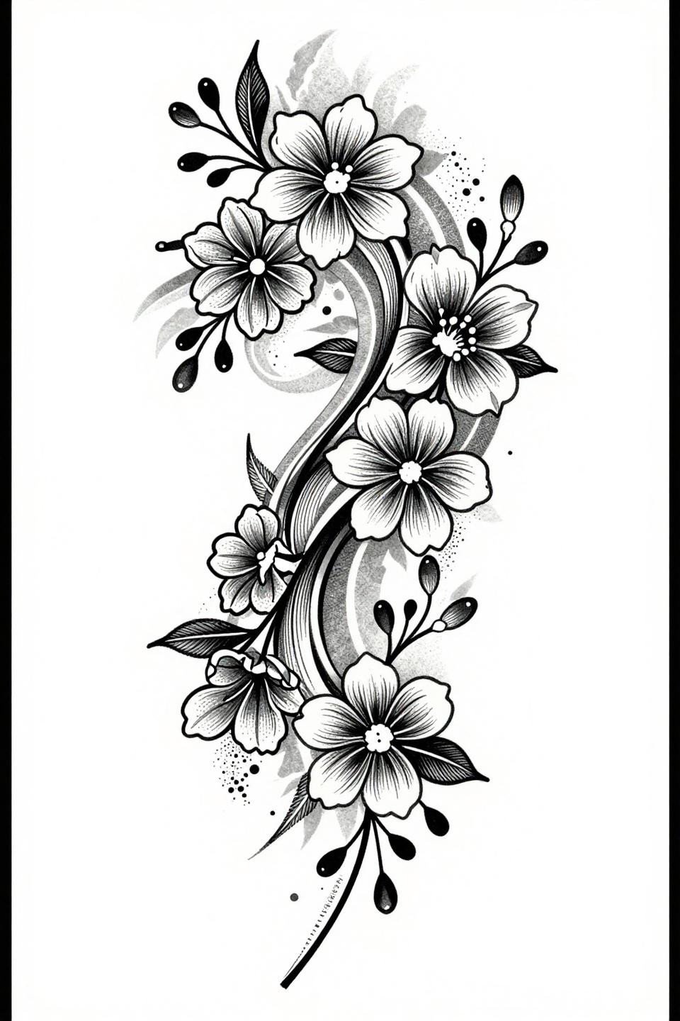 mehndi designs only fingers, Japanese irezumi blackwork flash, interconnected floral vines, teardrop buds, diagonal asymmetric flow, whip shading curved strokes, 2pt bold black outlines