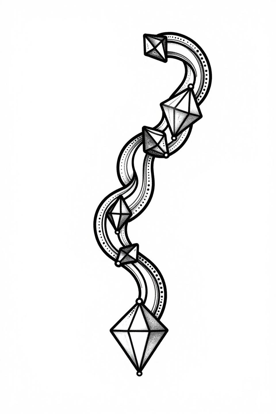 minimal mehendi design, single continuous line blackwork flash, interlocking geometric diamond chain, dotwork vertex accents, curved organic connectors, bold 2pt outlines, zero grey wash flat fills