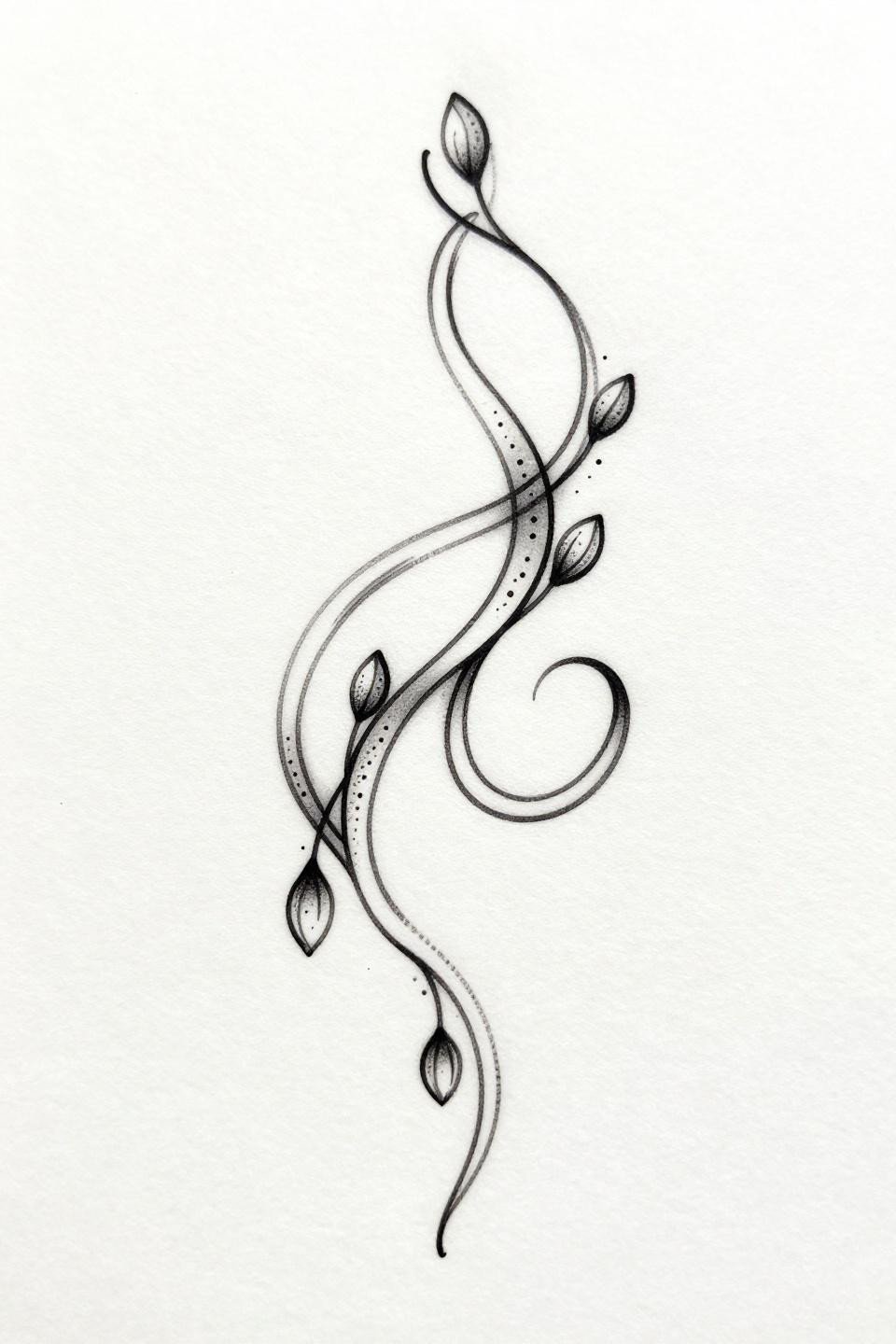 simple mehndi design easy, fine line minimal style, three interlocking curved henna vines, asymmetric loops, closed teardrop buds, stipple dotwork at loop intersections, hairline 0.5mm single-needle strokes