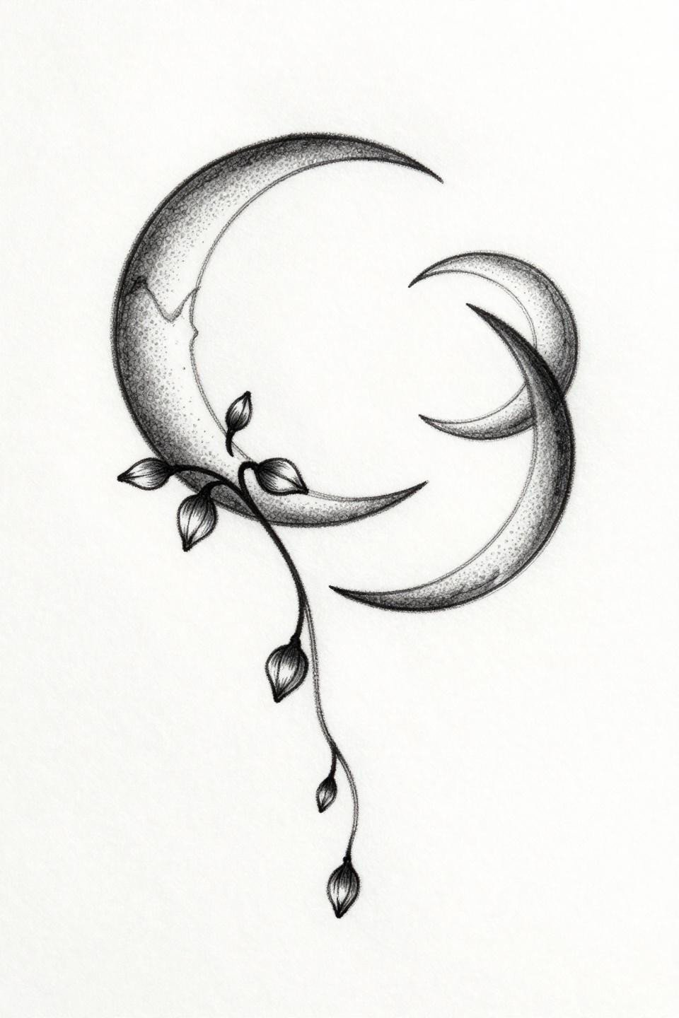 trending mehandi design, ignorant style blackwork flash, opposing crescent moons with hand-drawn wobble, fine stipple dotwork centers, curved vine bridge, asymmetric bud accents