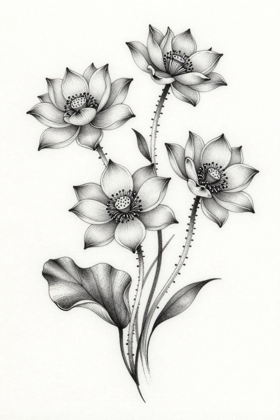 mehndi designs only fingers, botanical scientific style blackwork flash, three lotus blooms, continuous flowing vine tendrils, dotwork stamens, minimal leaf accents, hairline 0.5mm single-needle open negative space