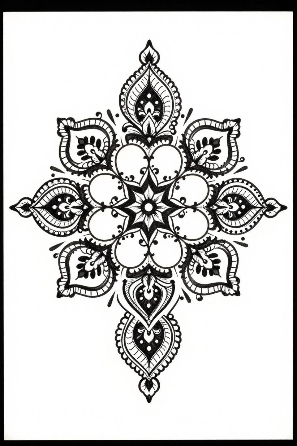 finger henna design, neo-traditional blackwork flash, ornate paisley mandala, interconnected teardrop motifs, spiral flourishes, floral buds at cardinal points, bold 2-3pt outlines flat fills