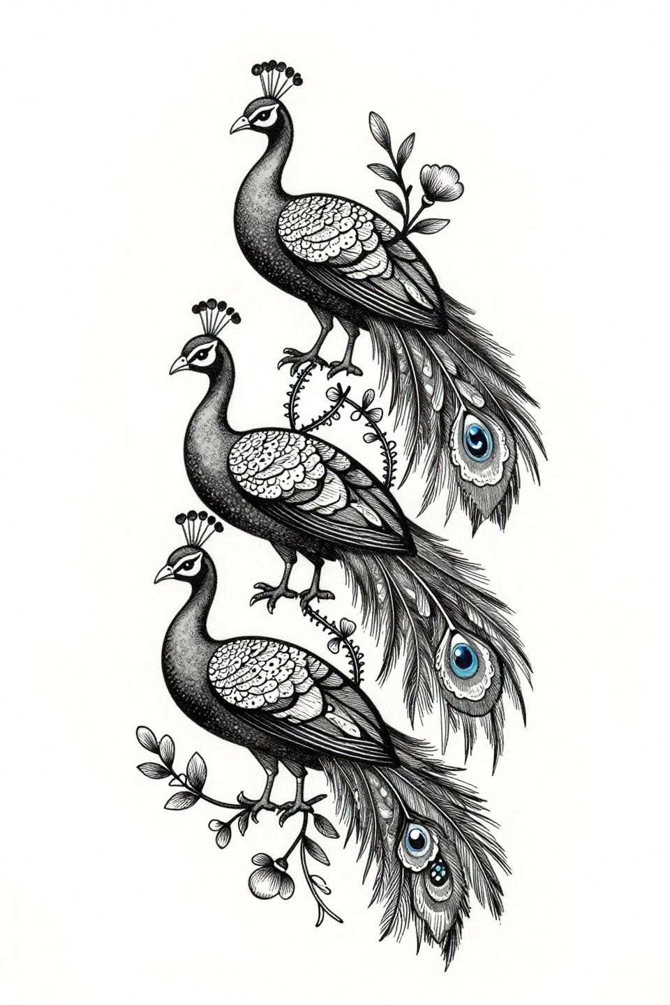 short mehndi design, etching woodcut style blackwork flash, three stacked peacock motifs, dotwork feather eye centers, curved tail plumes, crosshatch etching shading, hairline lace connecting vines