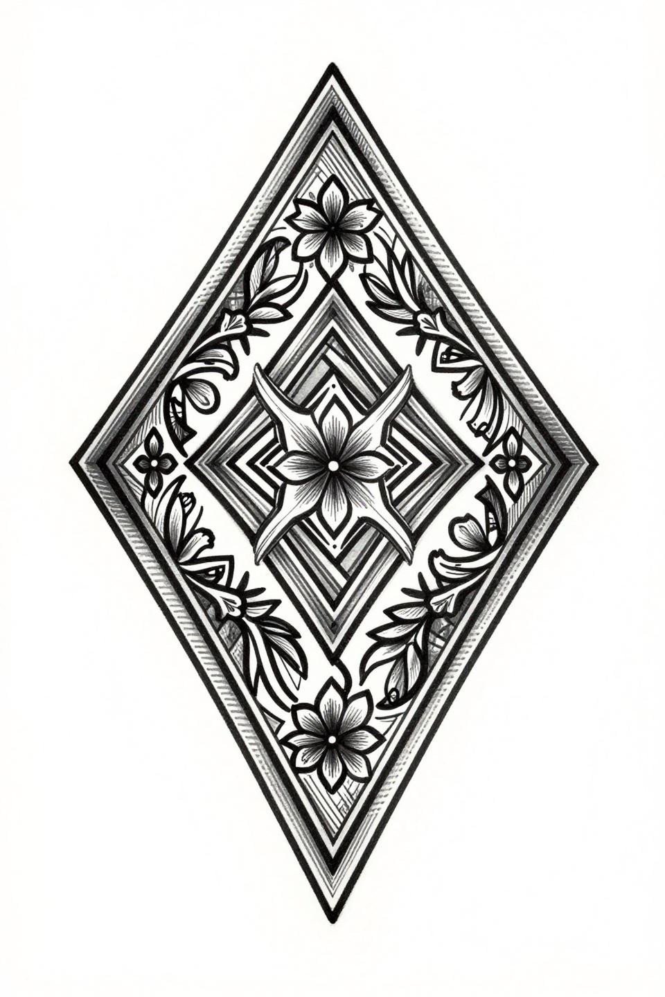 trending mehandi design, tribal geometric blackwork flash, diamond grid parallel line lattice, floral motifs at intersection points, curved tendrils between grid sections, bold 2pt outlines, flat ruled parallel hatching