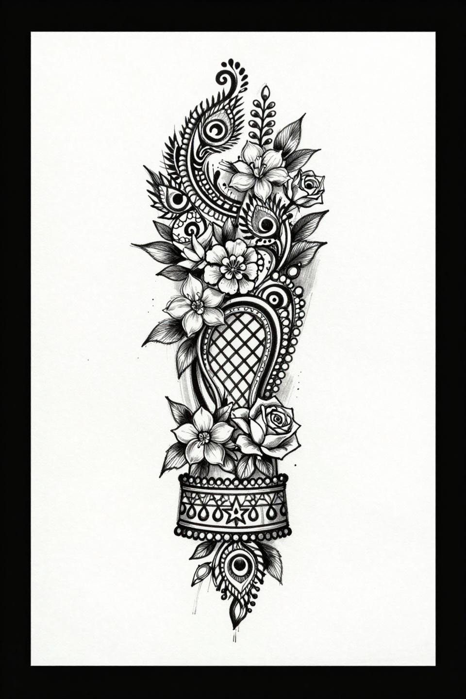 Arabic mehndi front hand sketch style flash, calligraphic brush marks, peacock eye motifs, hexagonal lattice, jasmine rose clusters, ink pooling