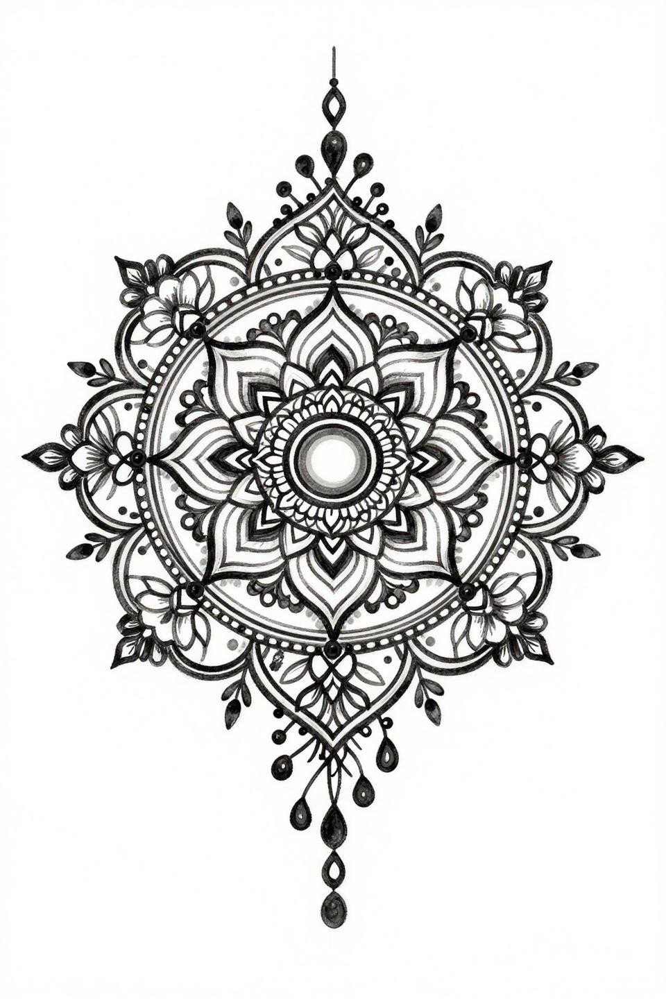 Long hand mehndi single line Arabic mandala flash, unbroken vector stroke, teardrop buta clusters, nested geometric rings, chevron dot cuff band