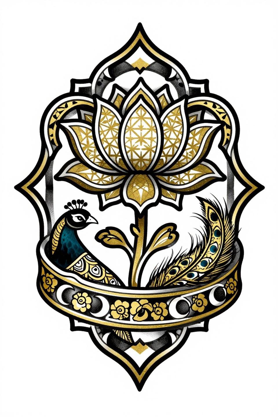Modern mehndi art deco flash, bold 2-3pt outlines, flat gold metallic fills, geometric star lattice, peacock side panel, diamond composition