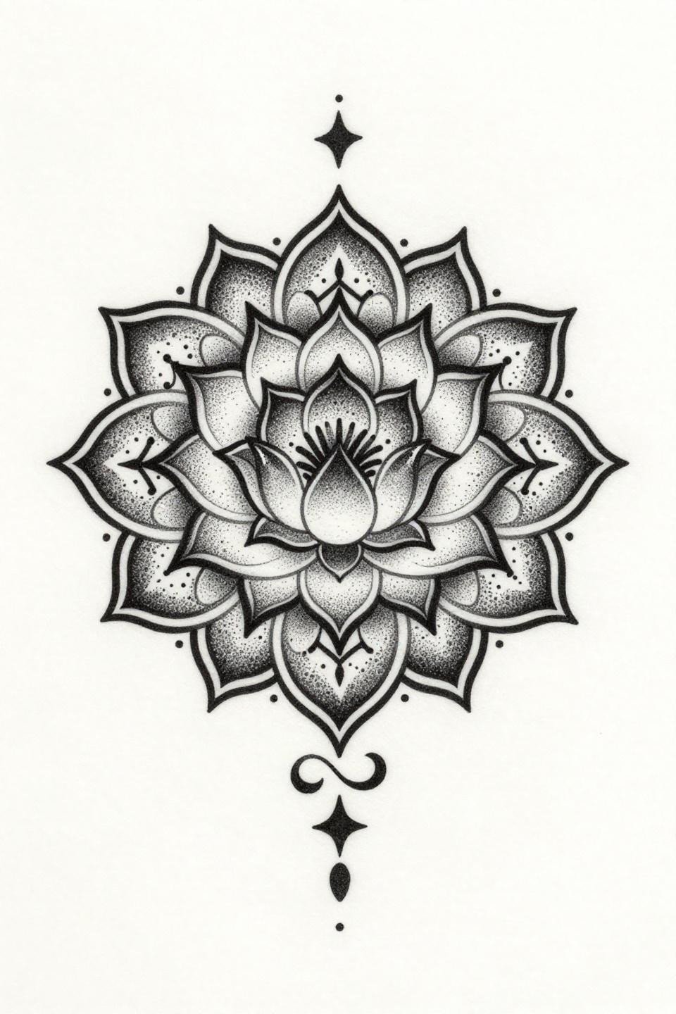Arabic front hand blackwork dotwork flash, lotus mandala stipple gradient, dense center open edges, buta star cuff band, bilateral symmetry
