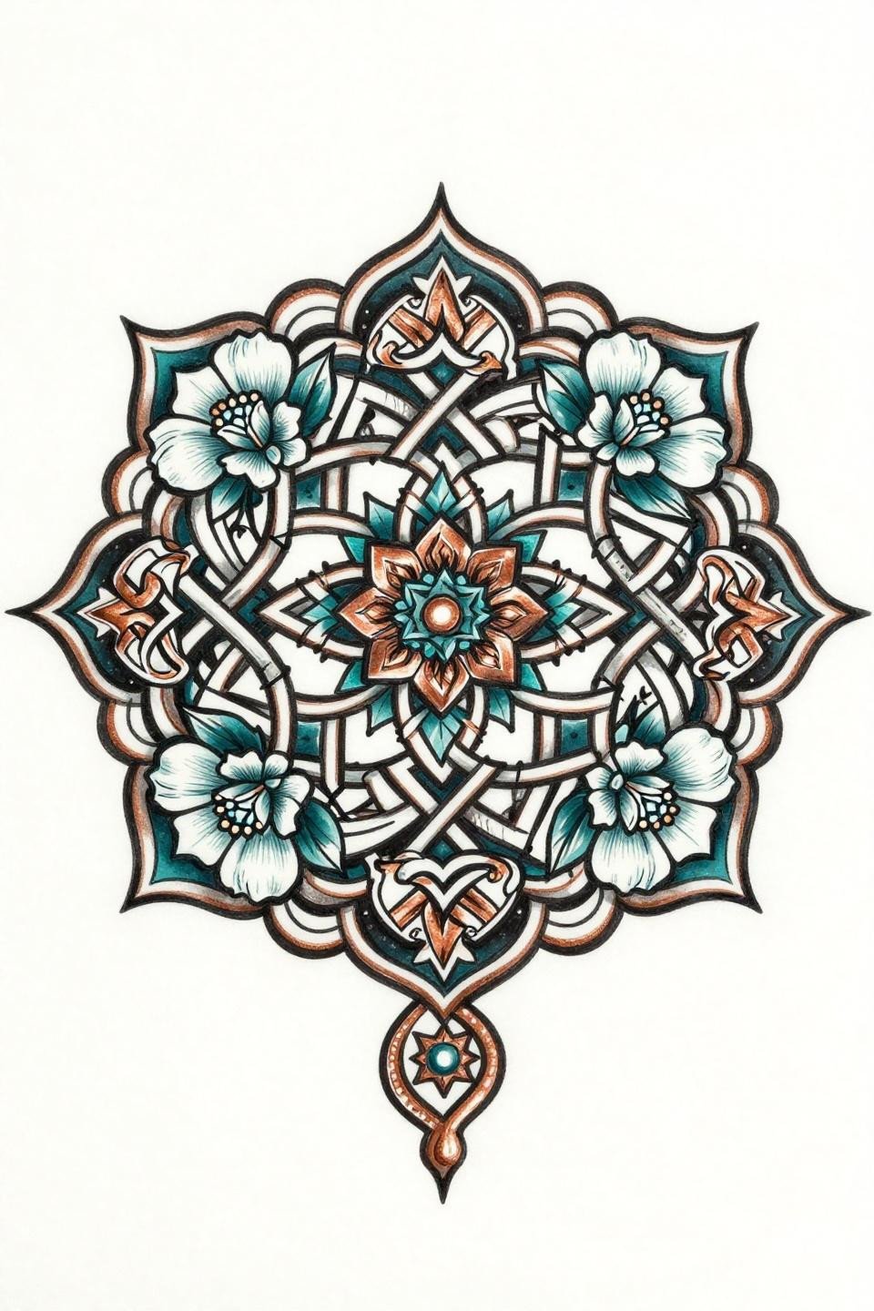 Indian mehndi Celtic knotwork fusion flash, bold 3RL outlines, deep teal copper fills, interlocking knot chains, jasmine rose, triangular lattice