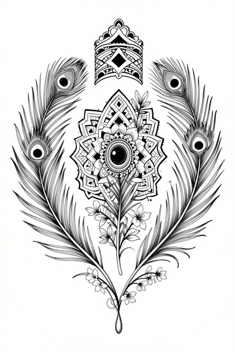 Beautiful mehndi front hand fine line flash, hairline 0.5mm single needle strokes, peacock tail feathers, diamond lattice, crescent jasmine cuff band