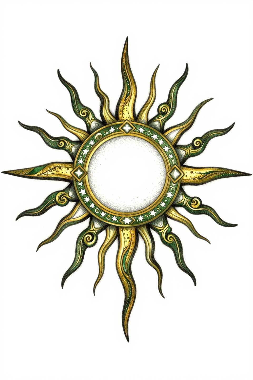 Beautiful mehndi front hand surrealist flash, dot constellation fill, sunburst medallion, interlocking hexagon cuff, forest green gold palette