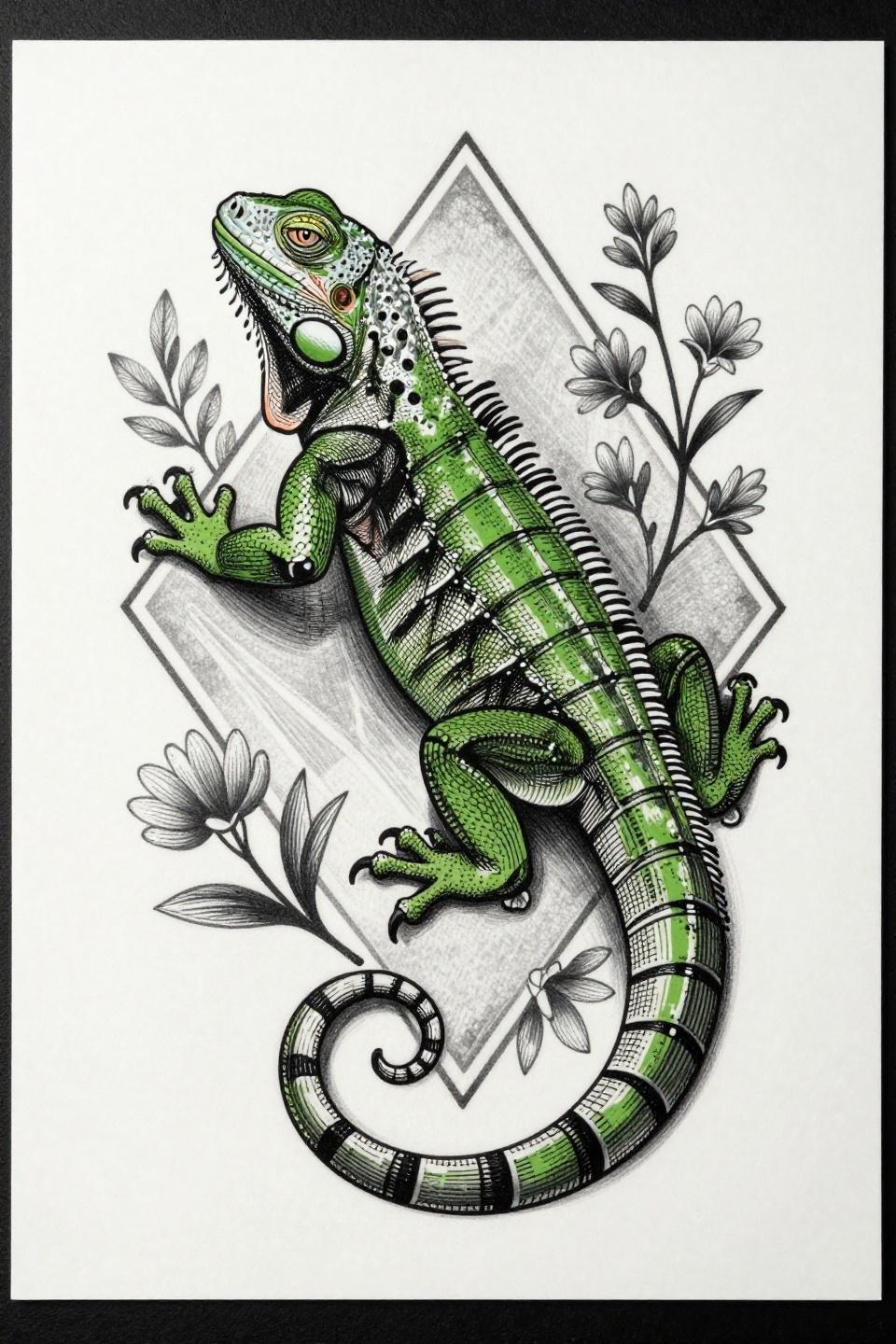 Fancy mehndi etching woodcut flash, iguana scales parallel line engraving, diamond lattice, floral sprigs, grey wash midtones, no crosshatch