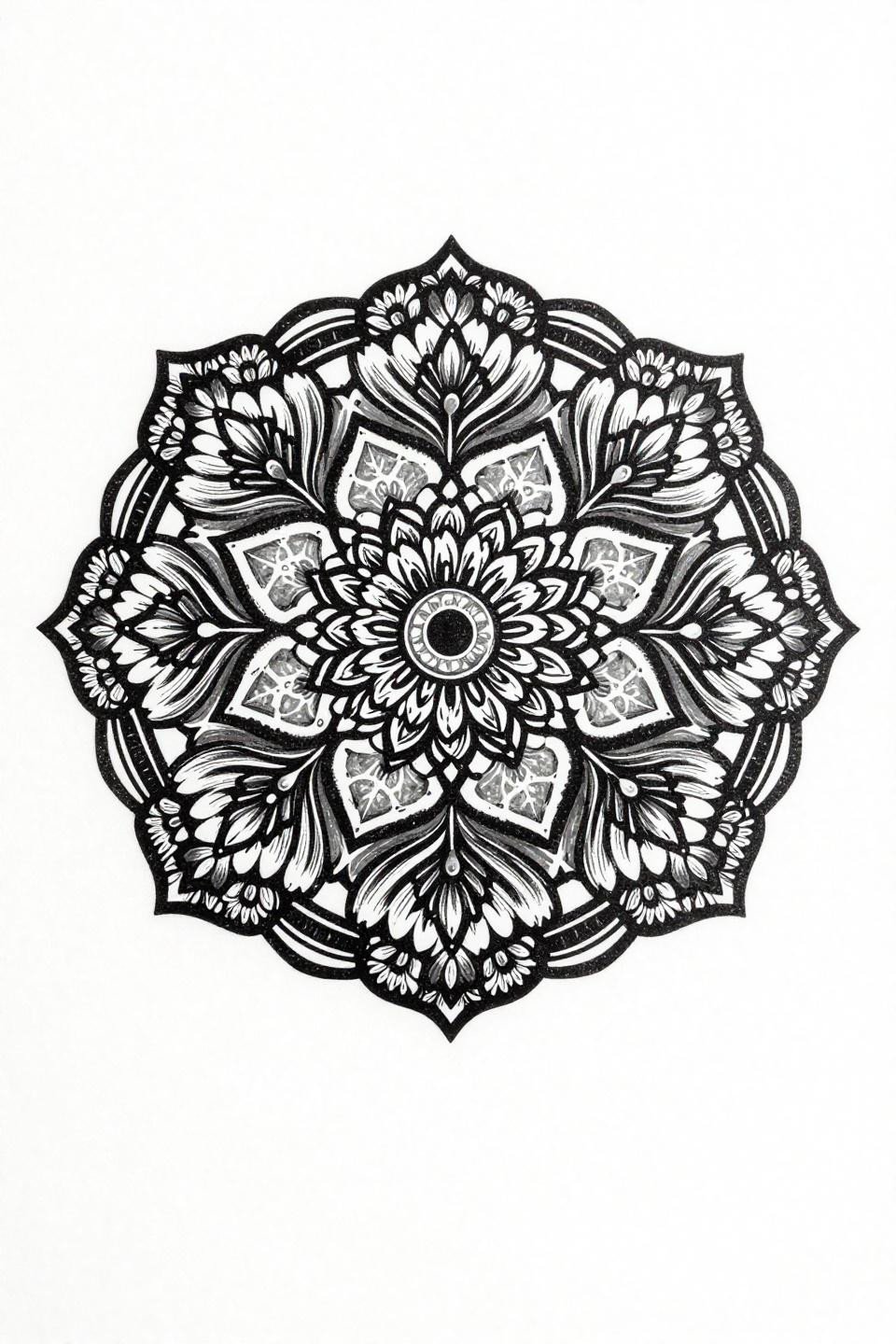 Fancy mehndi linocut print flash, bold carved parallel lines, hexagonal lattice, mandala rosette center, lotus bud chevron cuff band