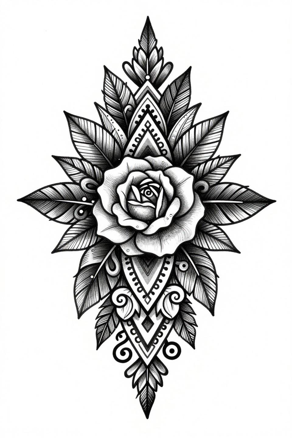 Ornamental mehndi flash, engraving crosshatch style, bilateral symmetry, mango leaf clusters, rose medallion, chevron cuff band