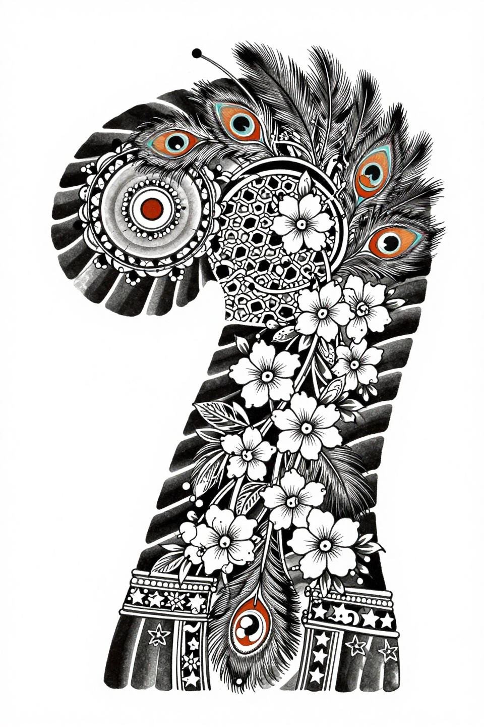 Trending mehndi irezumi style flash, bold outlines, zero grey wash, peacock eye medallions, hexagonal lattice, Rajasthani cuff band, bilateral symmetry