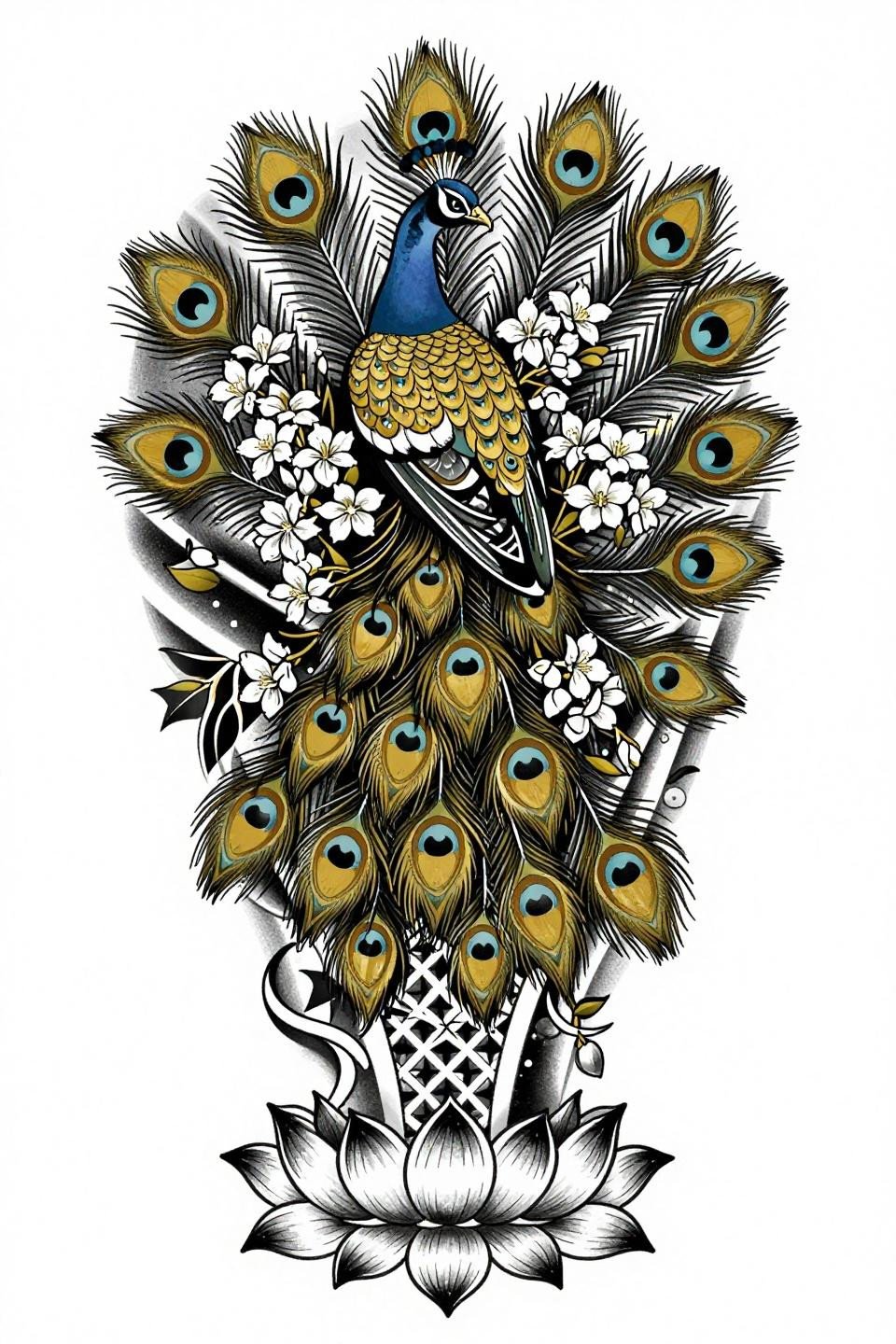 New bridal mehndi neo-traditional flash, bold outlines, gold black fills, peacock tail feathers, jasmine clusters, lotus bud cuff, asymmetric flow