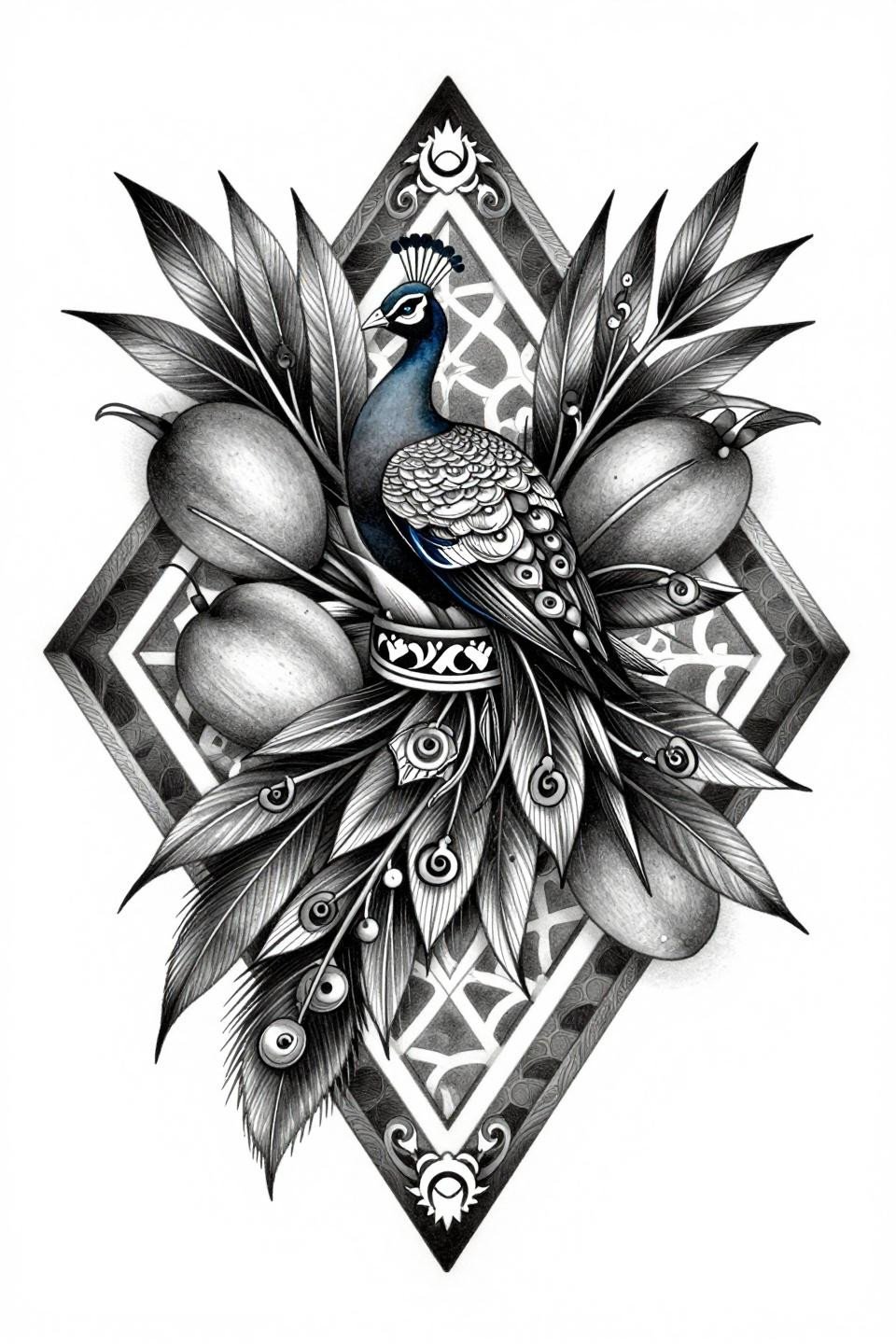 Indian mehndi chicano grey wash flash, peacock center diamond frame, mango leaf clusters, whip shading, no color, bilateral symmetry