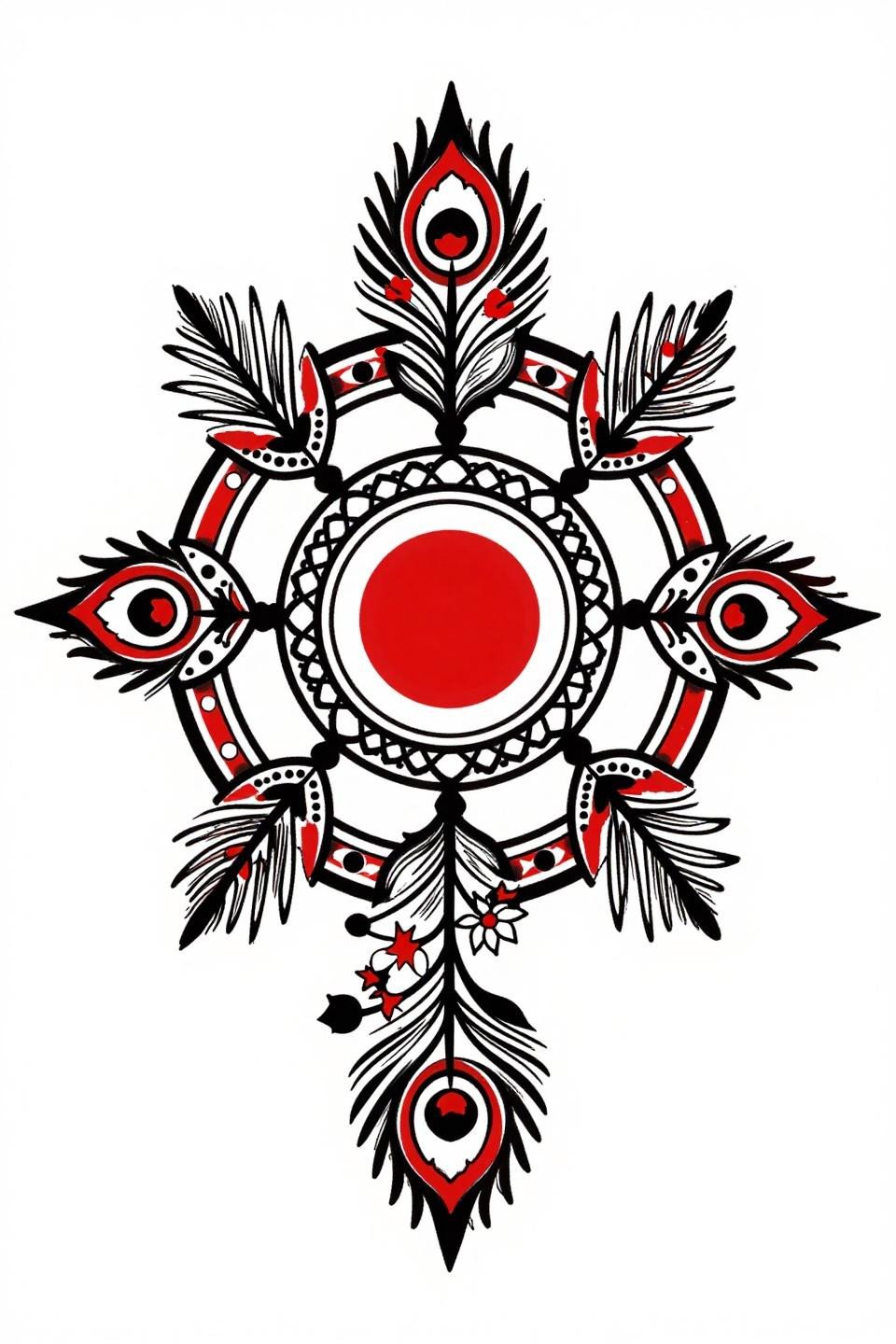 Stylish front hand mehndi old school sailor flash, bold 3RL outlines, crimson red accent, peacock medallion, hexagonal lattice, circular mandala