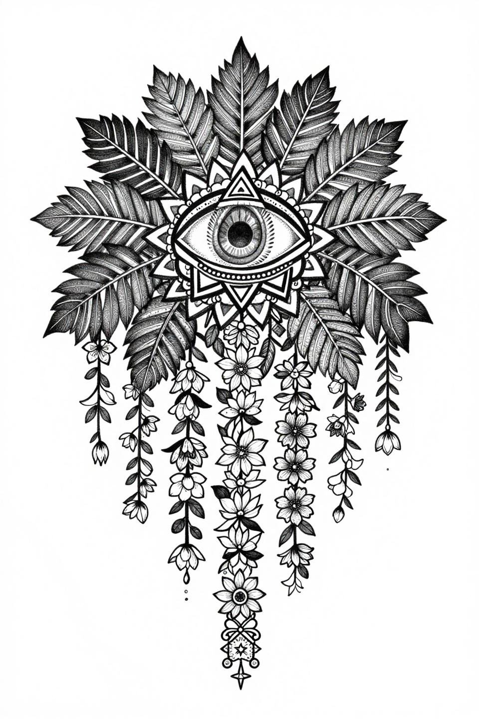 Rajasthani full hand mehndi flash, stipple dot gradient, mango leaf clusters, peacock eye medallion, jasmine chains, botanical scientific style