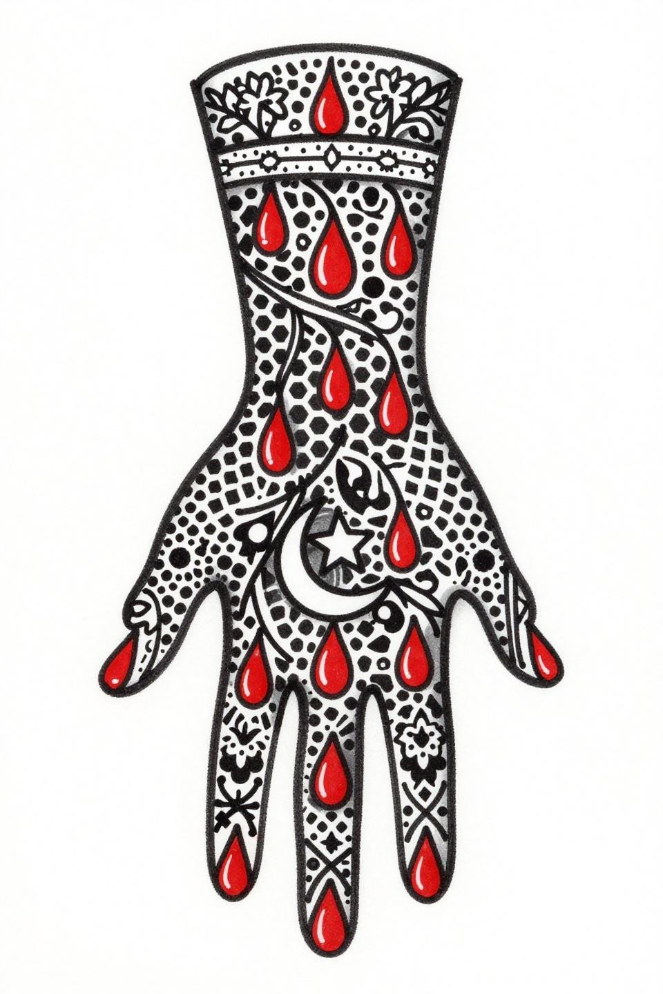 Rajasthani mehndi ignorant style flash, thick irregular outlines, crimson red accent, buta teardrop clusters, hexagonal lattice, crescent cuff band