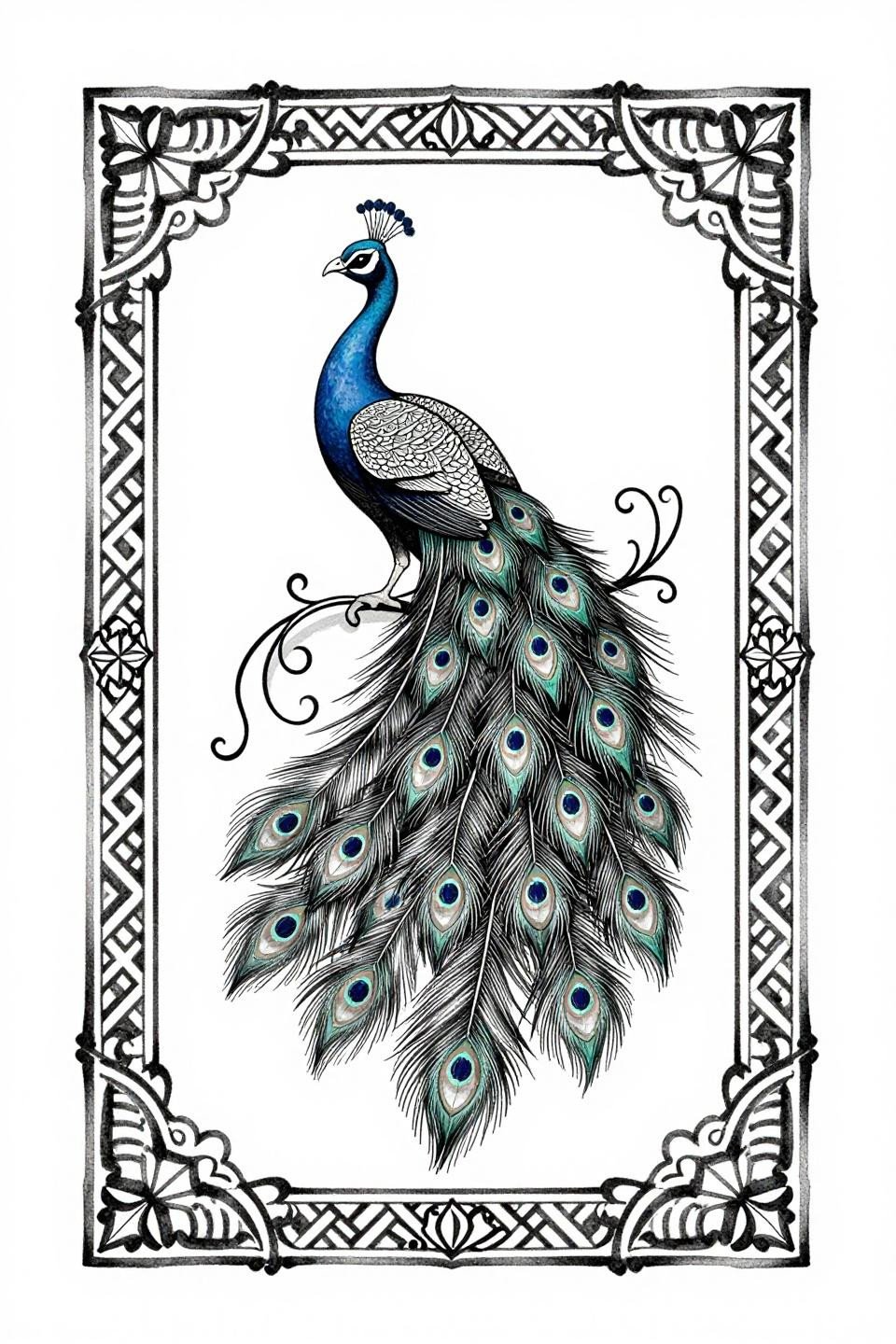 Rajasthani mehndi botanical scientific flash, hairline 0.5mm single needle, peacock fanned tail, geometric lattice infill, chevron floral border, open negative space