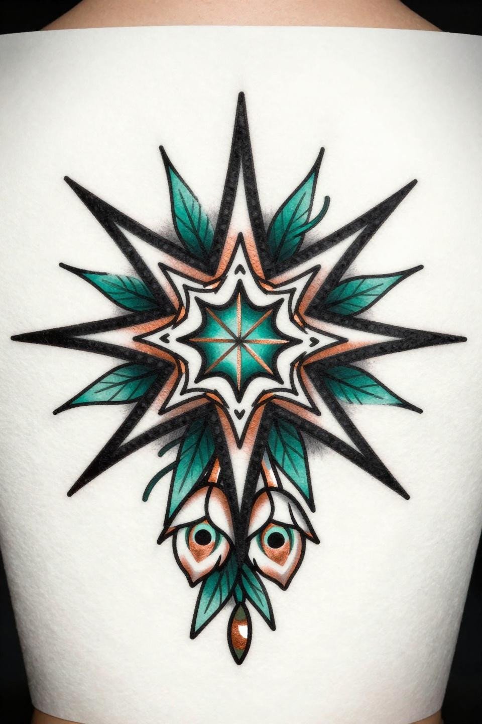 Rajasthani mehndi traditional American flash, bold 3RL outlines, flat teal copper fills, sunburst star medallion, peacock eye border cuff