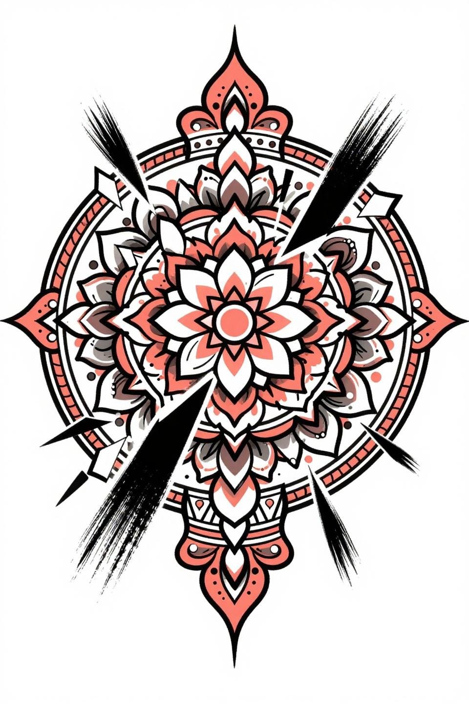 Bridal mehndi trash polka flash, angular shattering fragments, coral charcoal fills, geometric cuff band, jasmine vine mandala composition