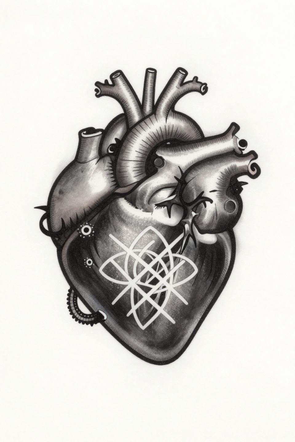 hand tattoos for guys neo-traditional anatomical heart flash, thorn coil detail, lemniscate sacred geometry overlay, bold outlines, grey wash midtones, flat color fills