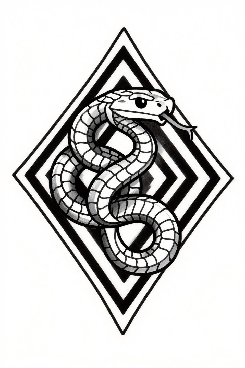 hand tattoos for guys art deco serpent flash, nested diamond frame, parallel line hexagonal scales, symmetrical S-curve body, bold 2-3pt outlines, flat fills, vector precision linework