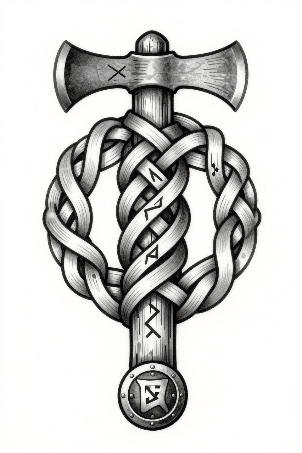 hand tattoos for guys Celtic Viking axe flash, interlacing knotwork shaft, Norse rune blade center, bold 2-3pt outlines, grey wash midtones, flat black ink fills
